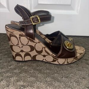 COACH Vintage Brown Logo Wedge Sandals
